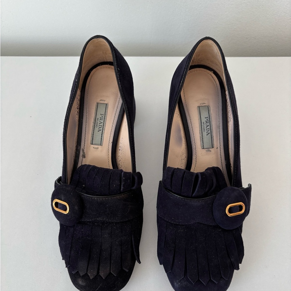 Prada Women's Black Suede Heels with Fringe Detail